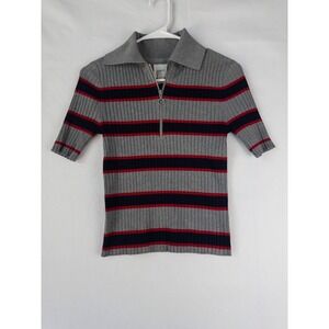 Anthropologie Gray and Red Striped V-Neck Sweater